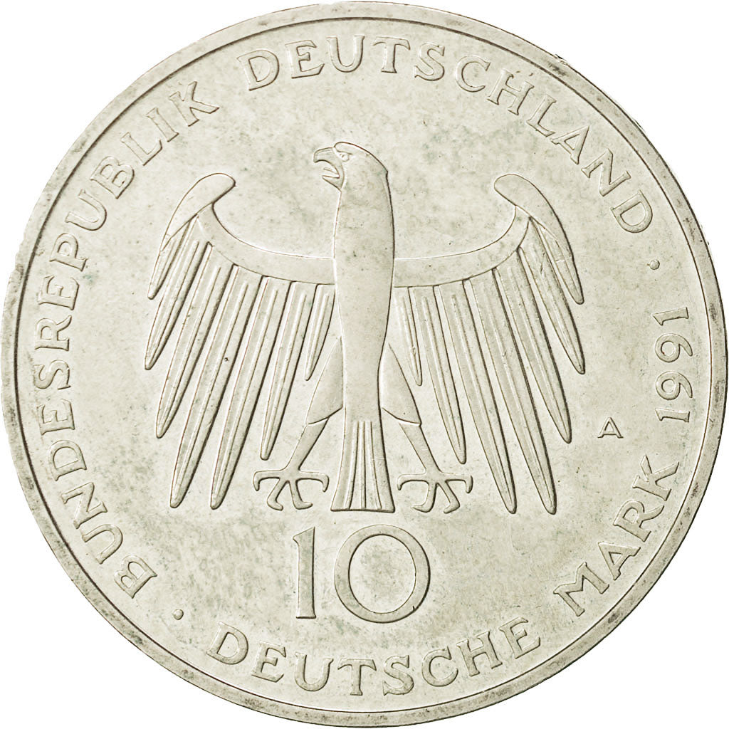 GERMANIA - REPUBBLICA FEDERALE, 10 Mark, 1991, Berlin, Germany, BB+, Argento