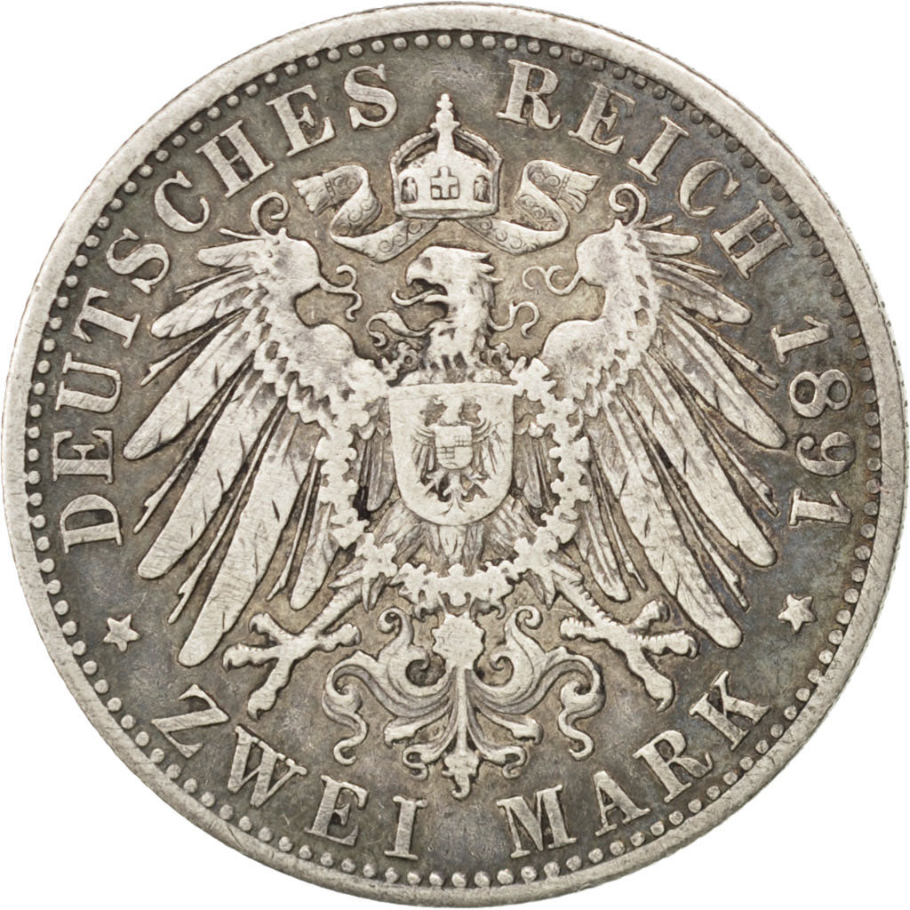 GERMAN STATES, 2 Mark, 1891, Munich, KM #913, VF(30-35), Silver, 28, 10.90