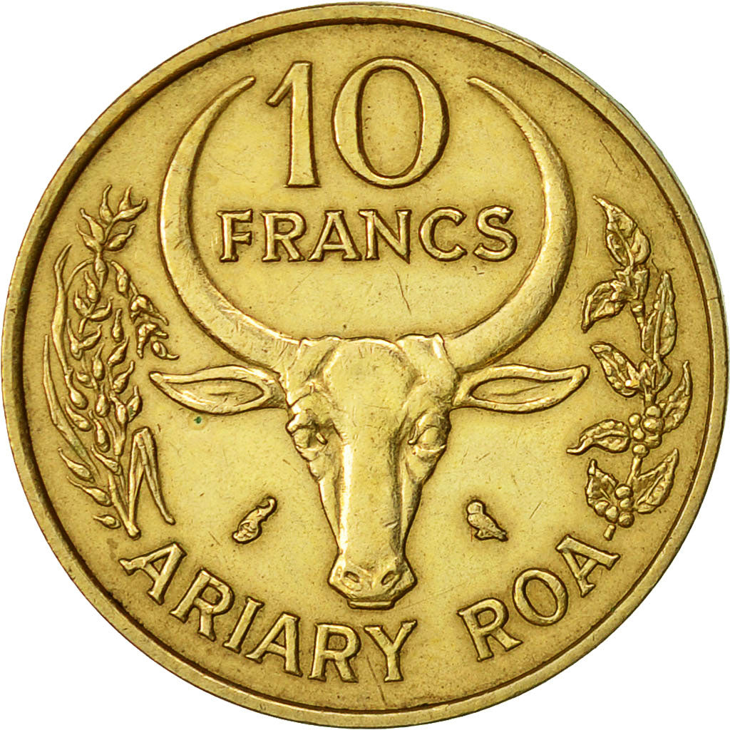 Madagascar, 10 Francs, 2 Ariary, 1970, Paris, BB, Alluminio-bronzo, KM:11