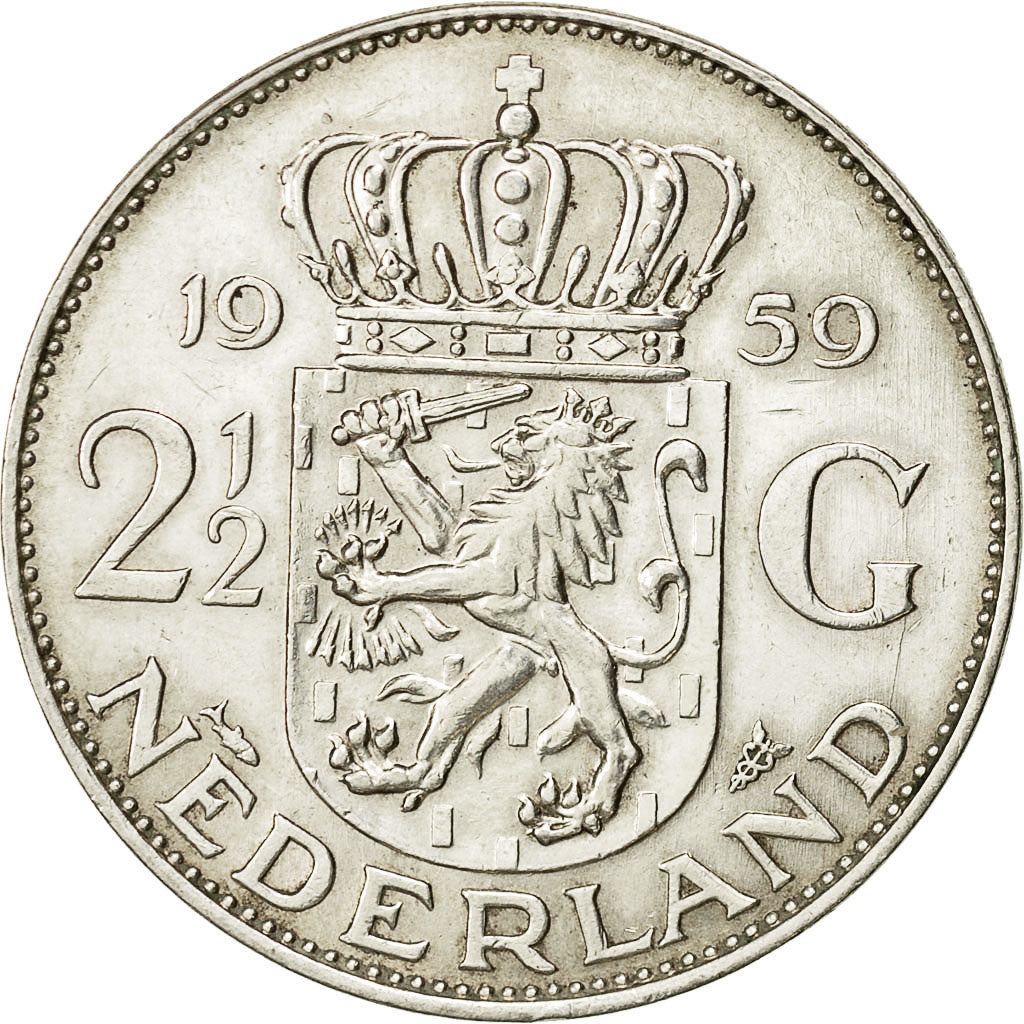 Paesi Bassi, Juliana, 2-1/2 Gulden, 1959, SPL-, Argento, KM:185