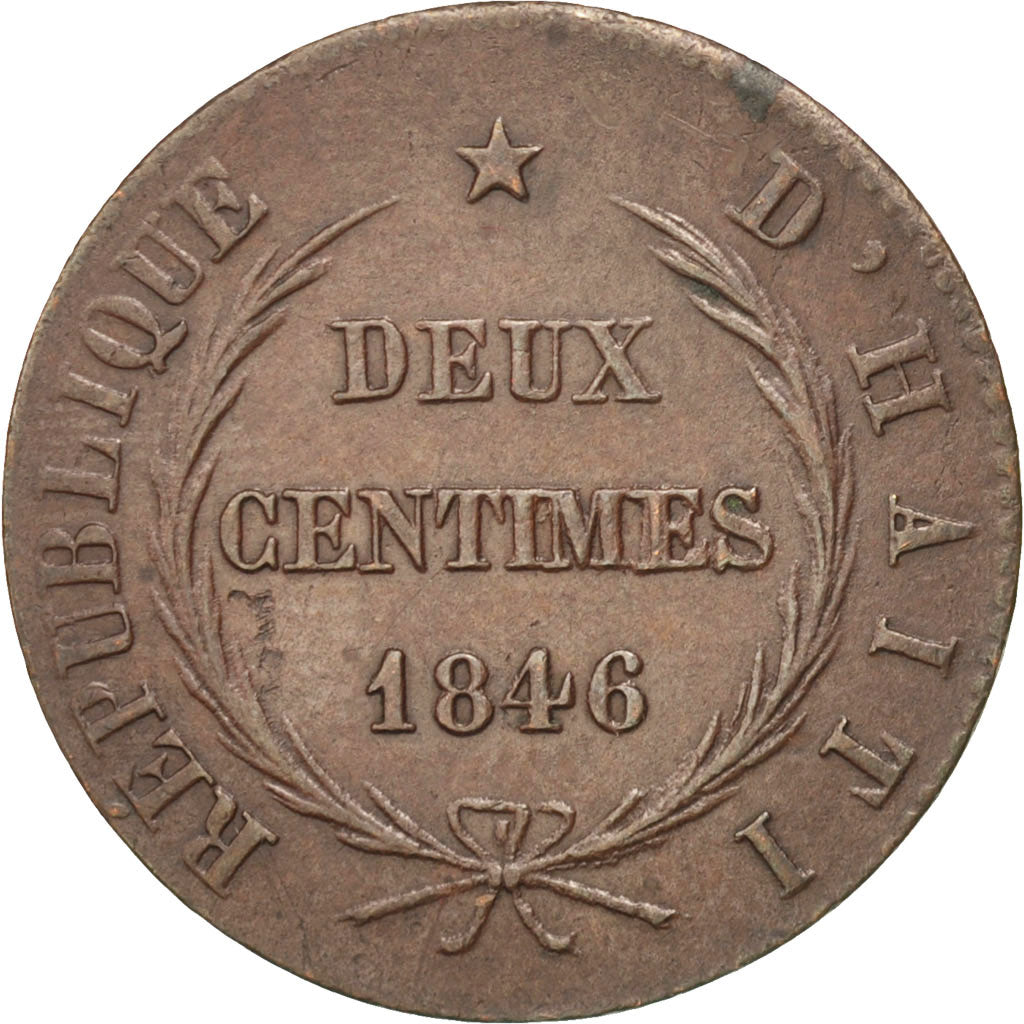 HAITI, 2 Centimes, 1846, KM #27.1, AU(55-58), Copper, 24, 5.60