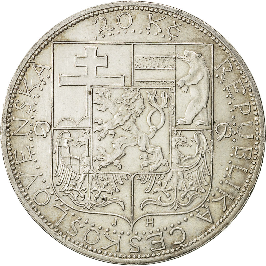 Czechoslovakia, 20 Korun, 1937, AU(50-53), Silver, KM:18