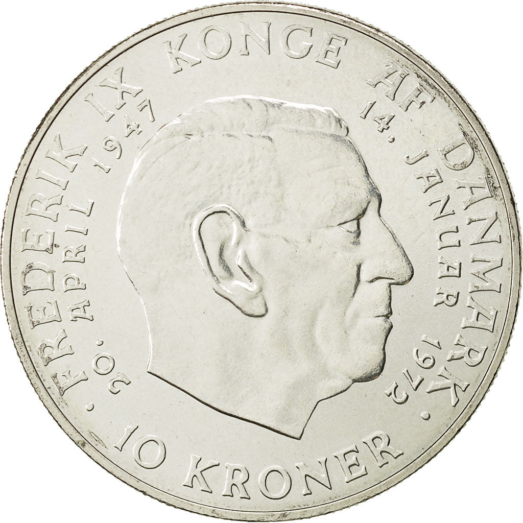 Danimarca, Margrethe II, 10 Kroner, 1972, Copenhagen, SPL, Argento, KM:858