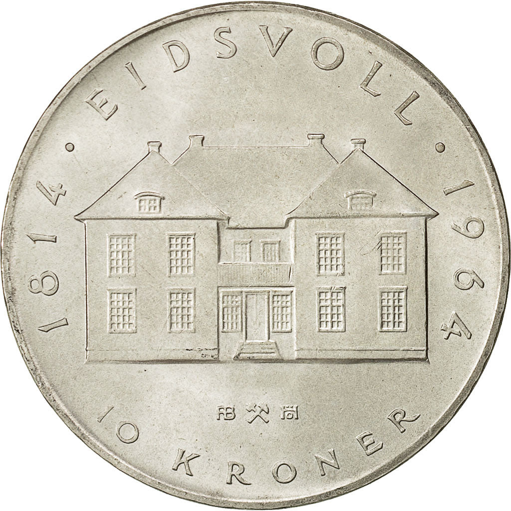 Norway, Haakon VII, 10 Kroner, 1964, MS(63), Silver, KM:413
