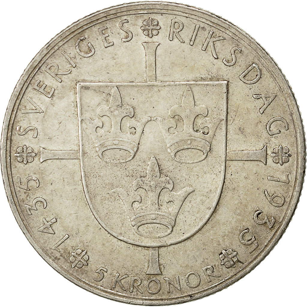 moneta, Svezia, Gustaf V, 5 Kronor, 1935, BB, Argento, KM:806