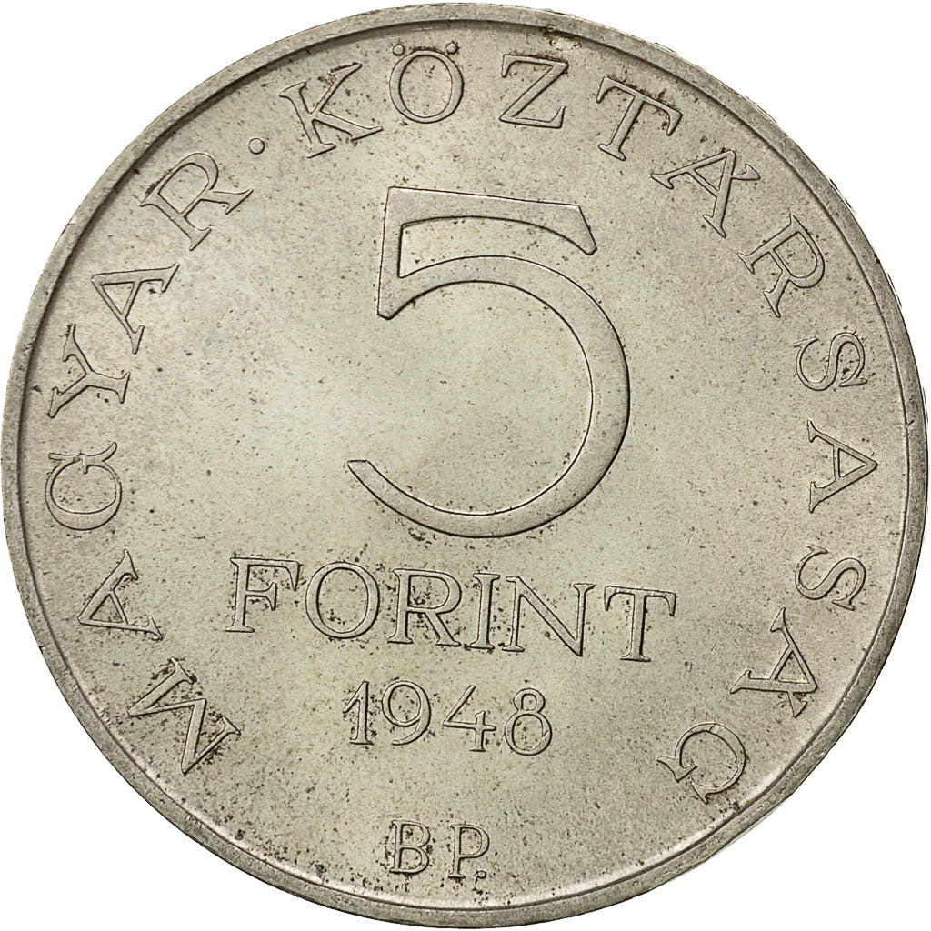 moneda, 5 Forint, 1948, Hungría, Budapest, MBC, Plata, KM:537