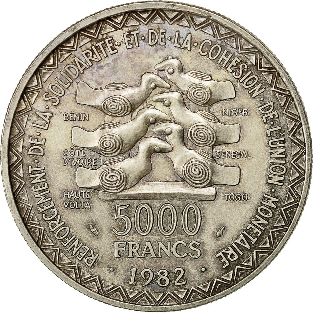 coin, West African States, 5000 Francs, 1982, Paris, EF(40-45), Silver, KM:11