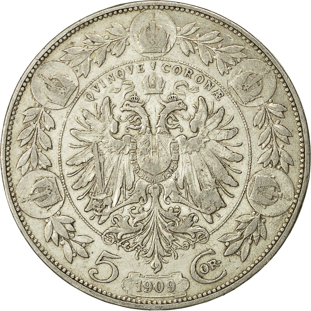 moneda, Austria, Franz Joseph I, 5 Corona, 1909, MBC, Plata, KM:2813