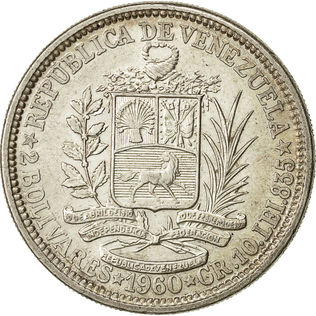 coin, Venezuela, 2 Bolivares, 1960, AU(50-53), Silver, KM:A37