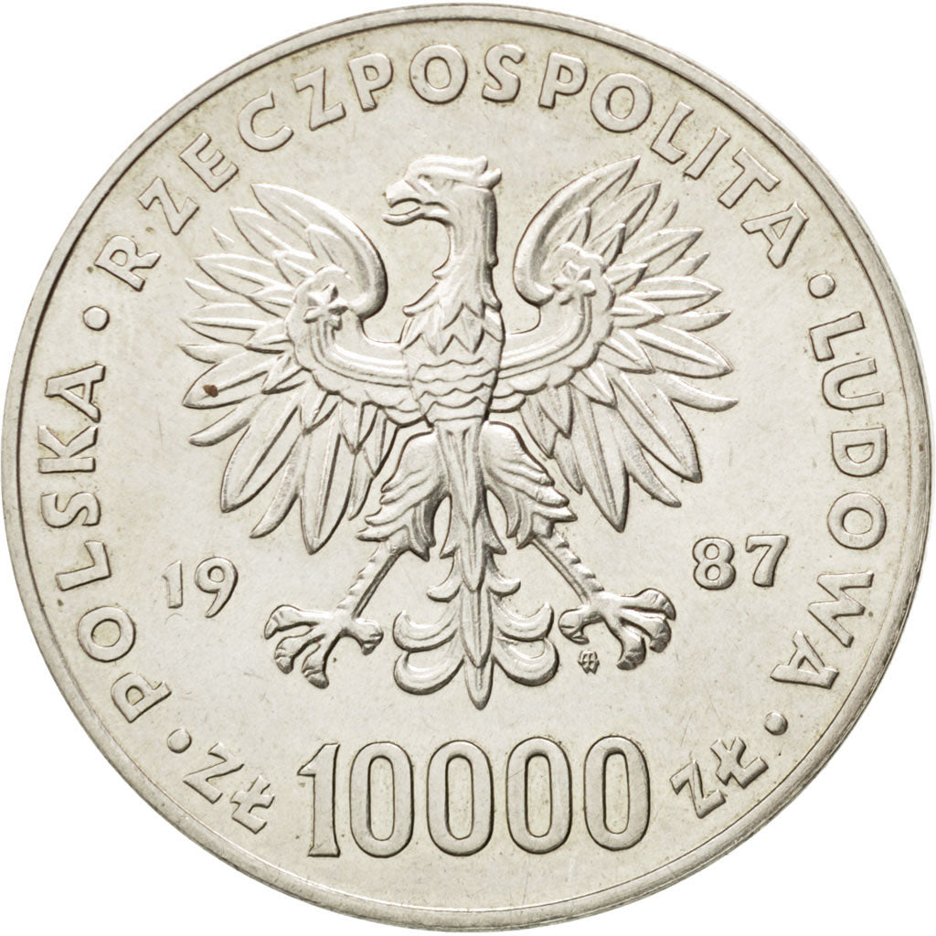 POLAND, 10000 Zlotych, 1987, Warsaw, KM #164, MS(60-62), Silver, 35, 19.17