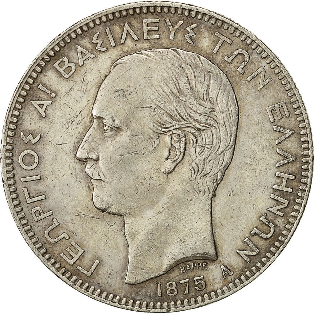 moneta, Grecia, George I, 5 Drachmai, 1875, Paris, BB, Argento, KM:46