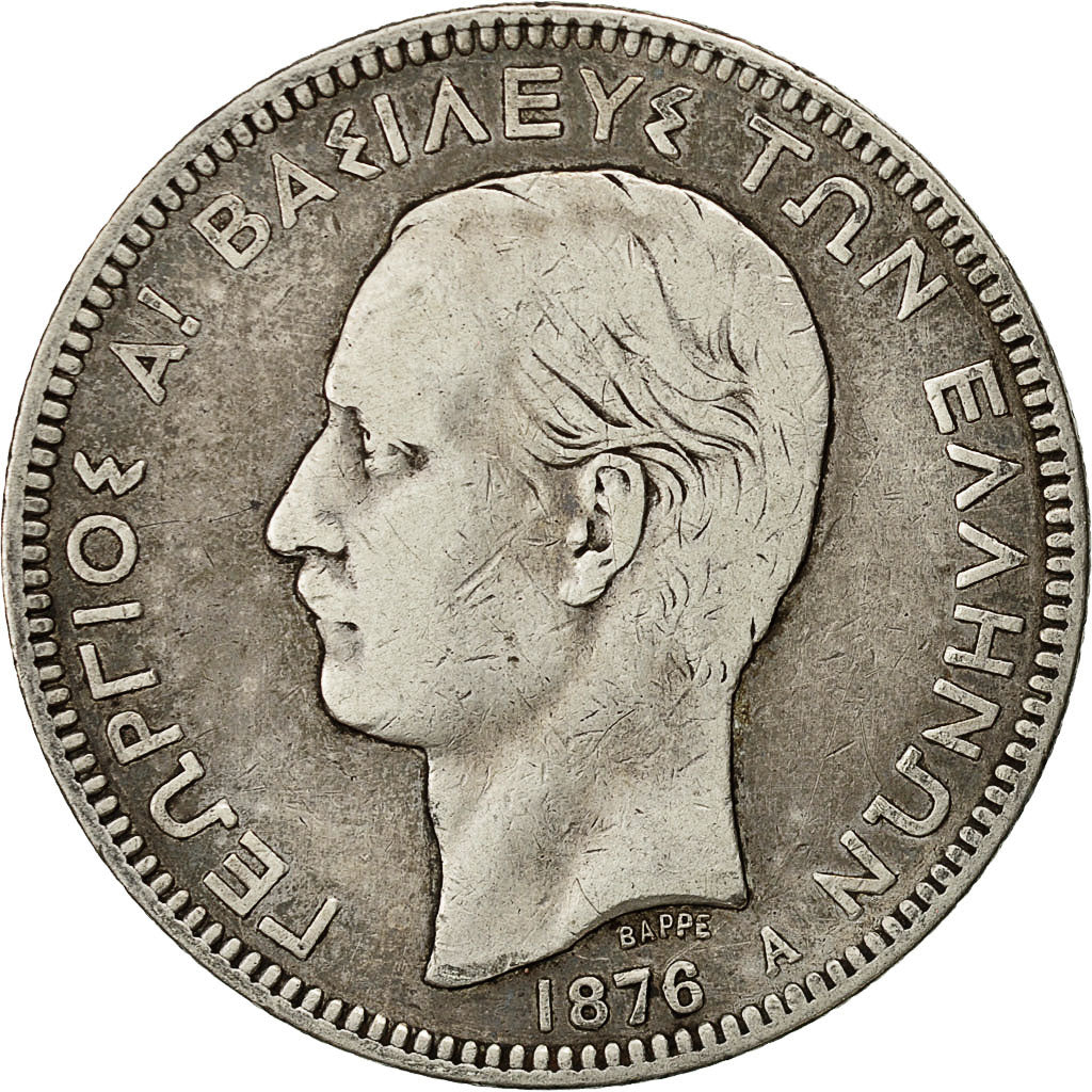 münze, Griechenland, George I, 5 Drachmai, 1876, Paris, S, Silber, KM:46