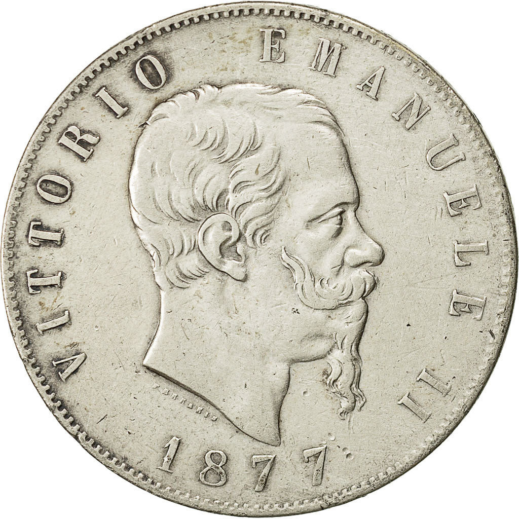 moneda, Italia, Vittorio Emanuele II, 5 Lire, 1877, Rome, MBC, Plata, KM:8.4