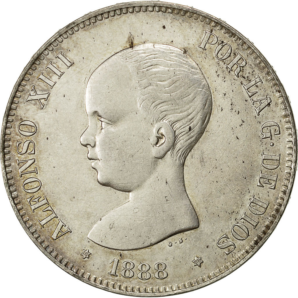 moneta, Spagna, Alfonso XIII, 5 Pesetas, 1888, Madrid, BB, Argento, KM:689