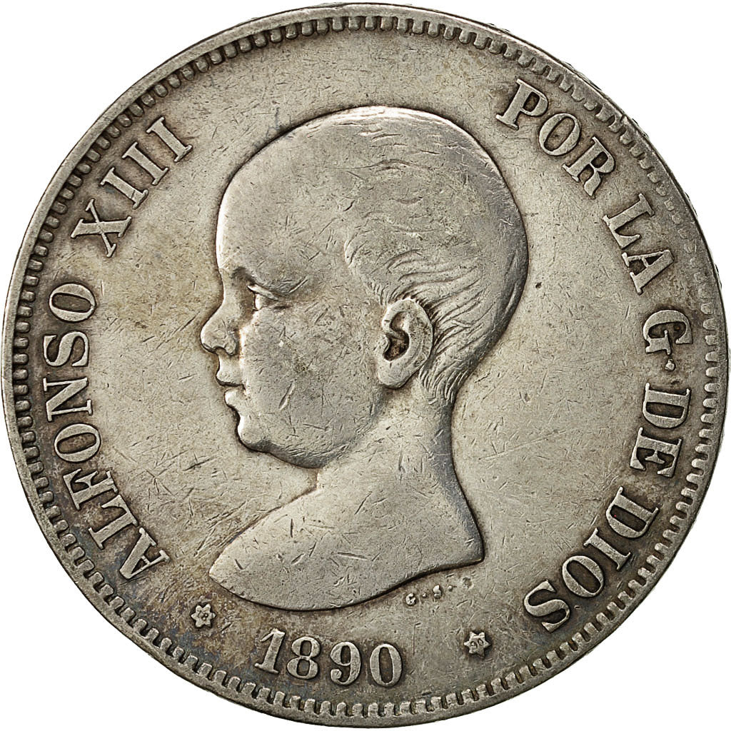 coin, Spain, Alfonso XIII, 5 Pesetas, 1890, Madrid, VF(30-35), Silver, KM:689