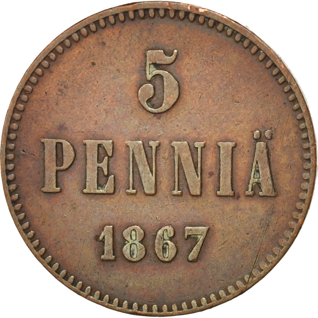 Coin, Finland, Alexander II, 5 Pennia, 1867, EF(40-45), Copper, KM:4.1