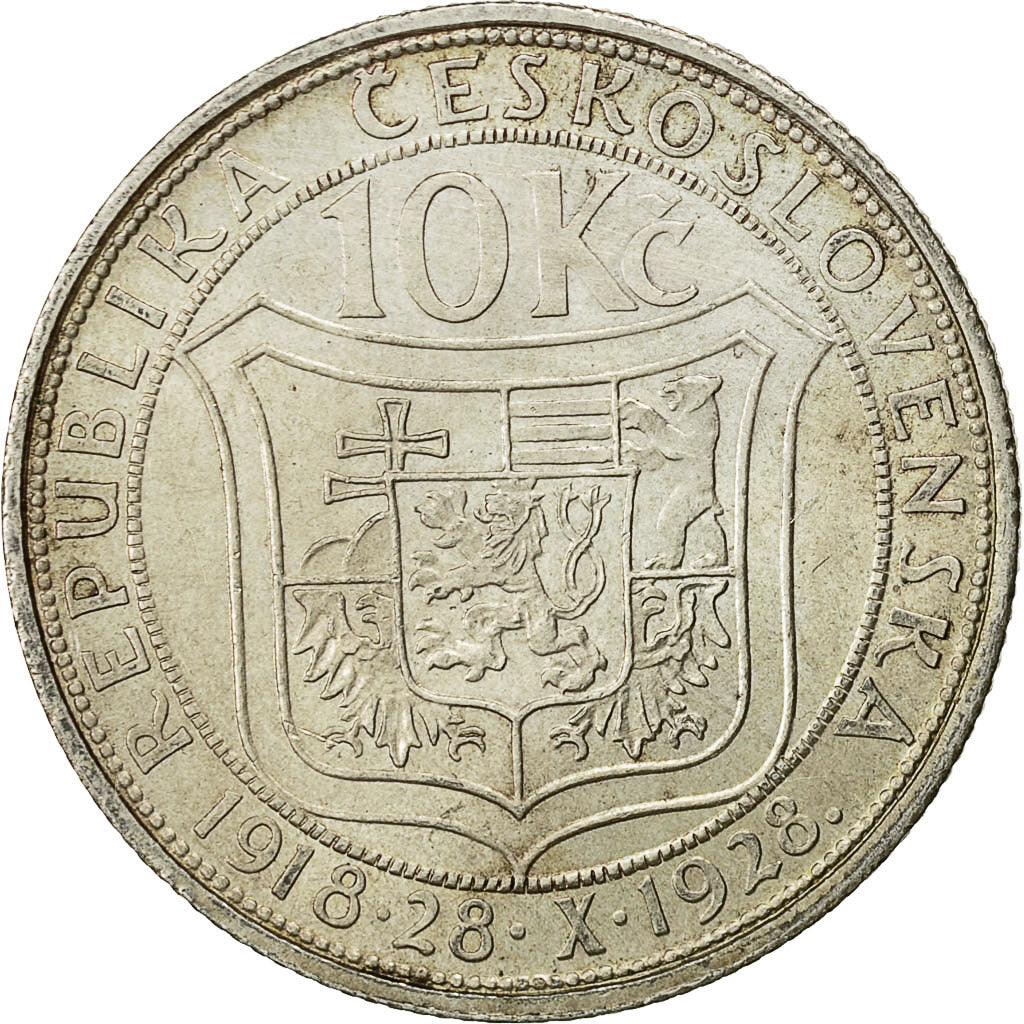 münze, Tschechoslowakei, 10 Korun, 1928, SS, Silber, KM:12