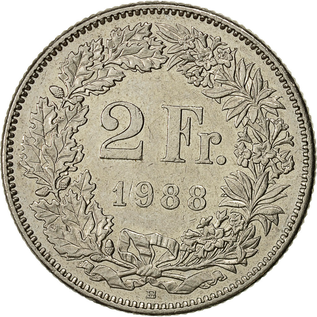 Moneta, Svizzera, 2 Francs, 1988, Bern, BB+, Rame-nichel, KM:21a.3