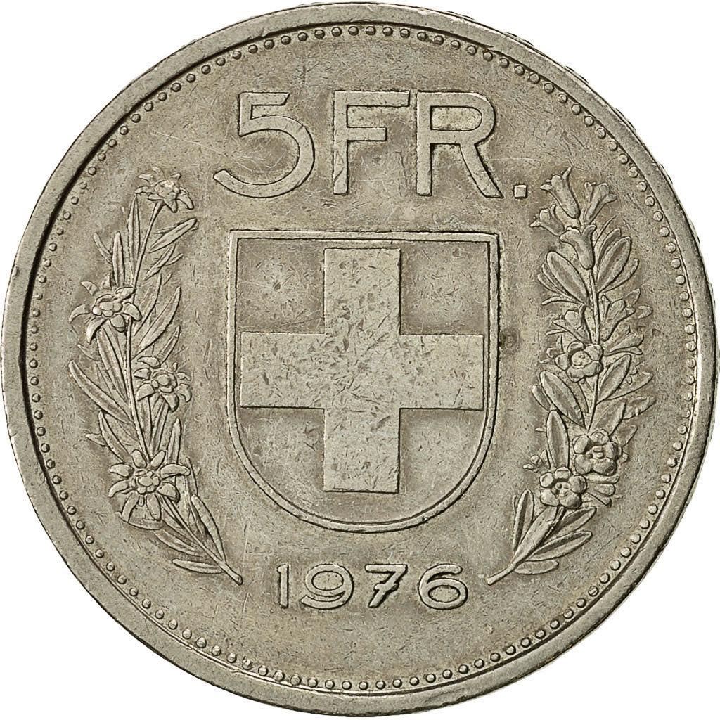 Coin, Switzerland, 5 Francs, 1976, Bern, EF(40-45), Copper-nickel, KM:40a.1