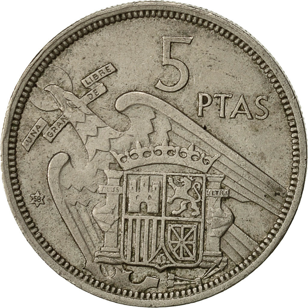 Moneta, Spagna, Caudillo and regent, 5 Pesetas, 1958, BB, Rame-nichel, KM:786
