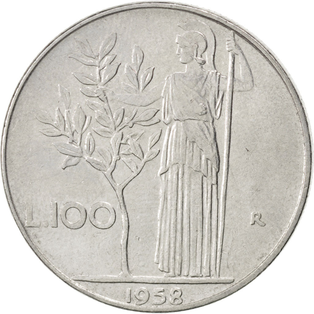 ITALY, 100 Lire, 1958, Rome, KM #96.1, AU(50-53), Stainless Steel, 27.8, 8.05