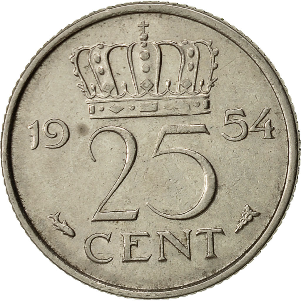Monnaie, Pays-Bas, Juliana, 25 Cents, 1954, TTB, Nickel, KM:183