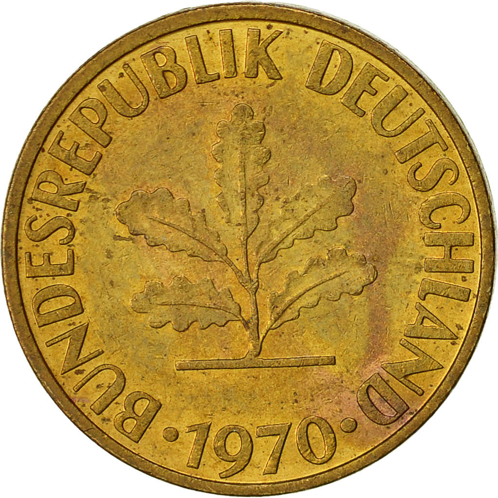 Moneta, Niemcy - RFN, 10 Pfennig, 1970, Karlsruhe, EF(40-45), Mosiądz powlekany