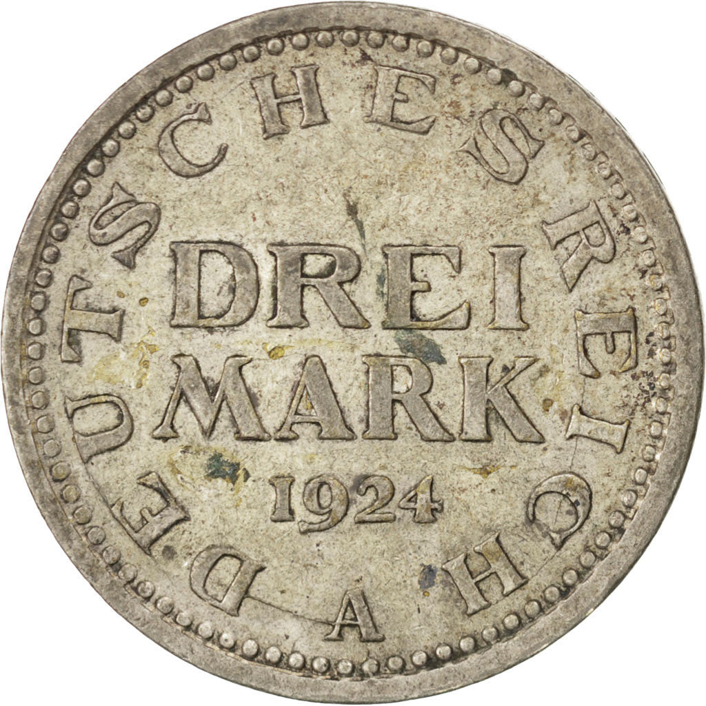 Coin, GERMANY, WEIMAR REPUBLIC, 3 Mark, 1924, Berlin, EF(40-45), Silver, KM:43