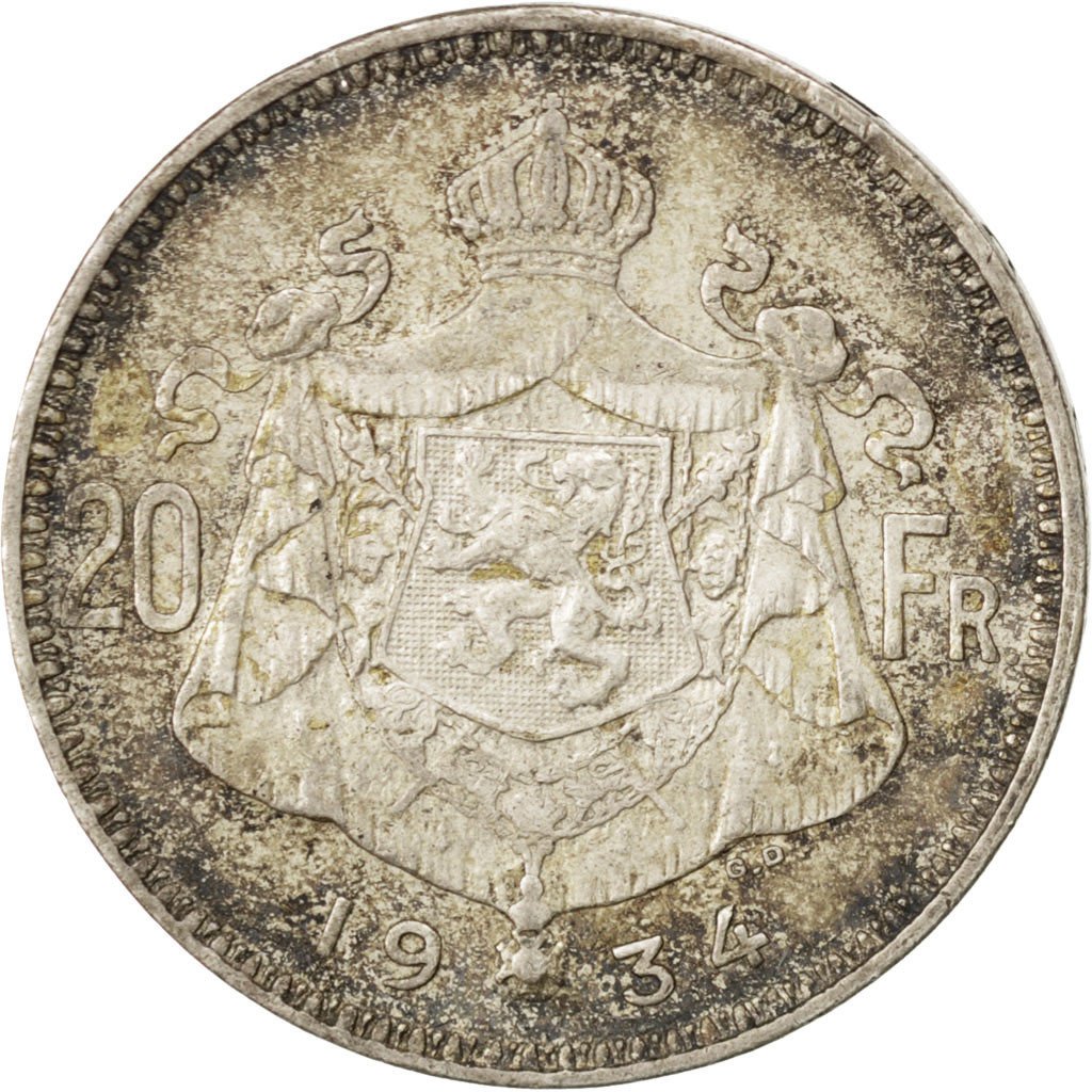 BELGIUM, 20 Francs, 20 Frank, 1934, KM #104.1, AU(50-53), Silver, 11.06