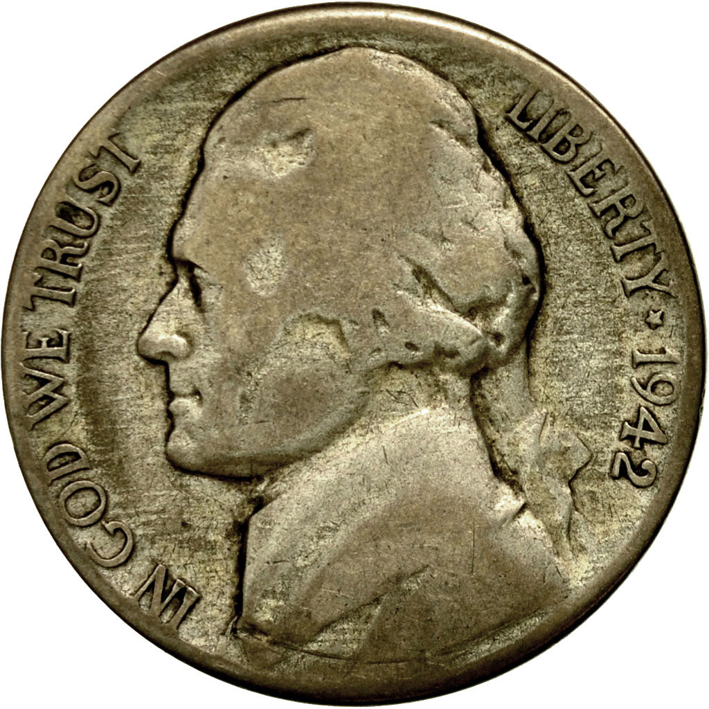 Moneda, Estados Unidos, Jefferson Nickel, 5 Cents, 1942, U.S. Mint, San