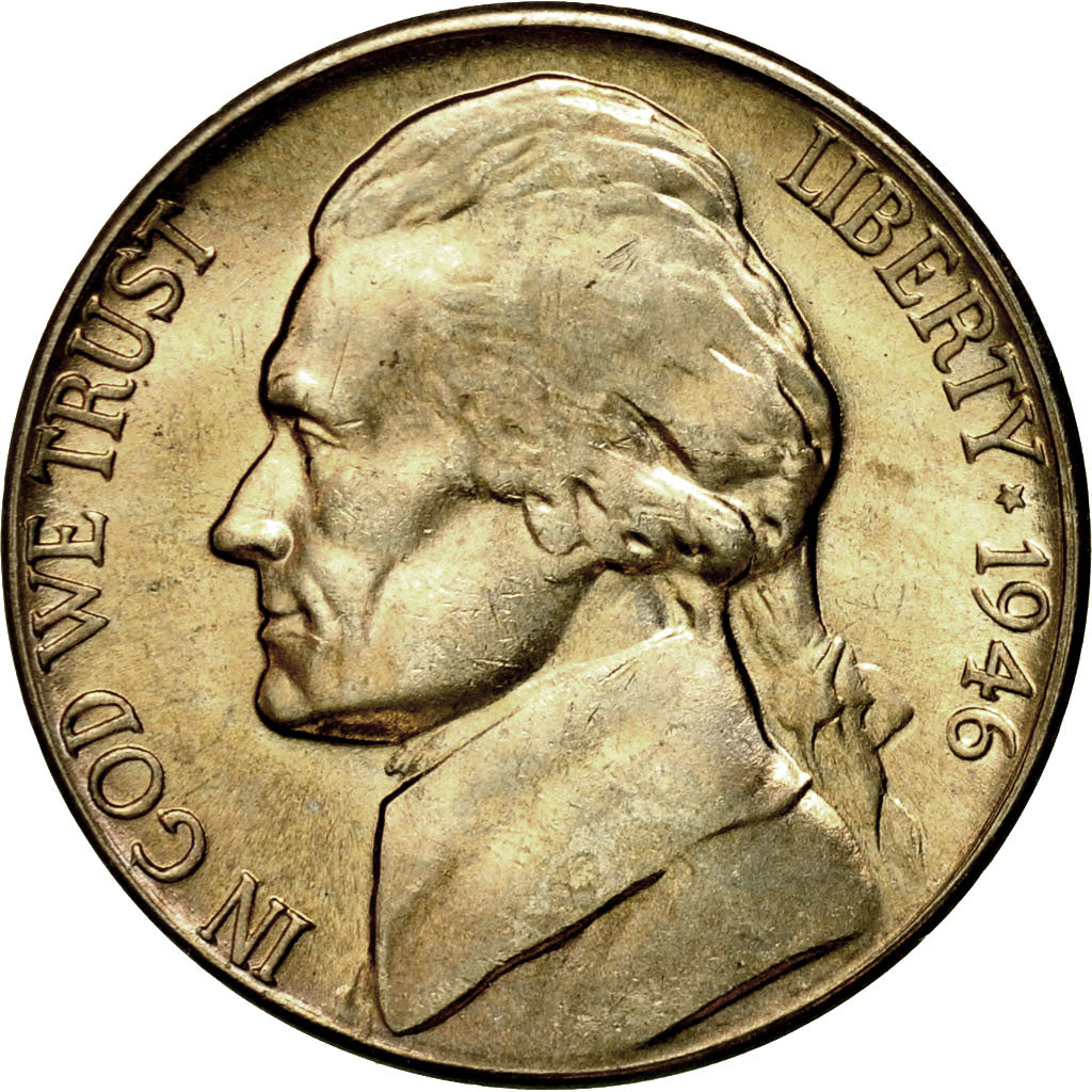 Coin, United States, Jefferson Nickel, 5 Cents, 1946, U.S. Mint, Denver