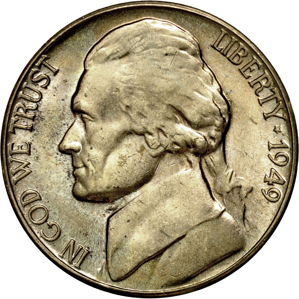 Coin, United States, Jefferson Nickel, 5 Cents, 1949, U.S. Mint, Denver