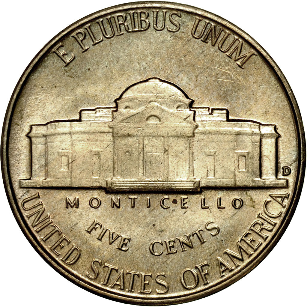 Coin, United States, Jefferson Nickel, 5 Cents, 1949, U.S. Mint, Denver