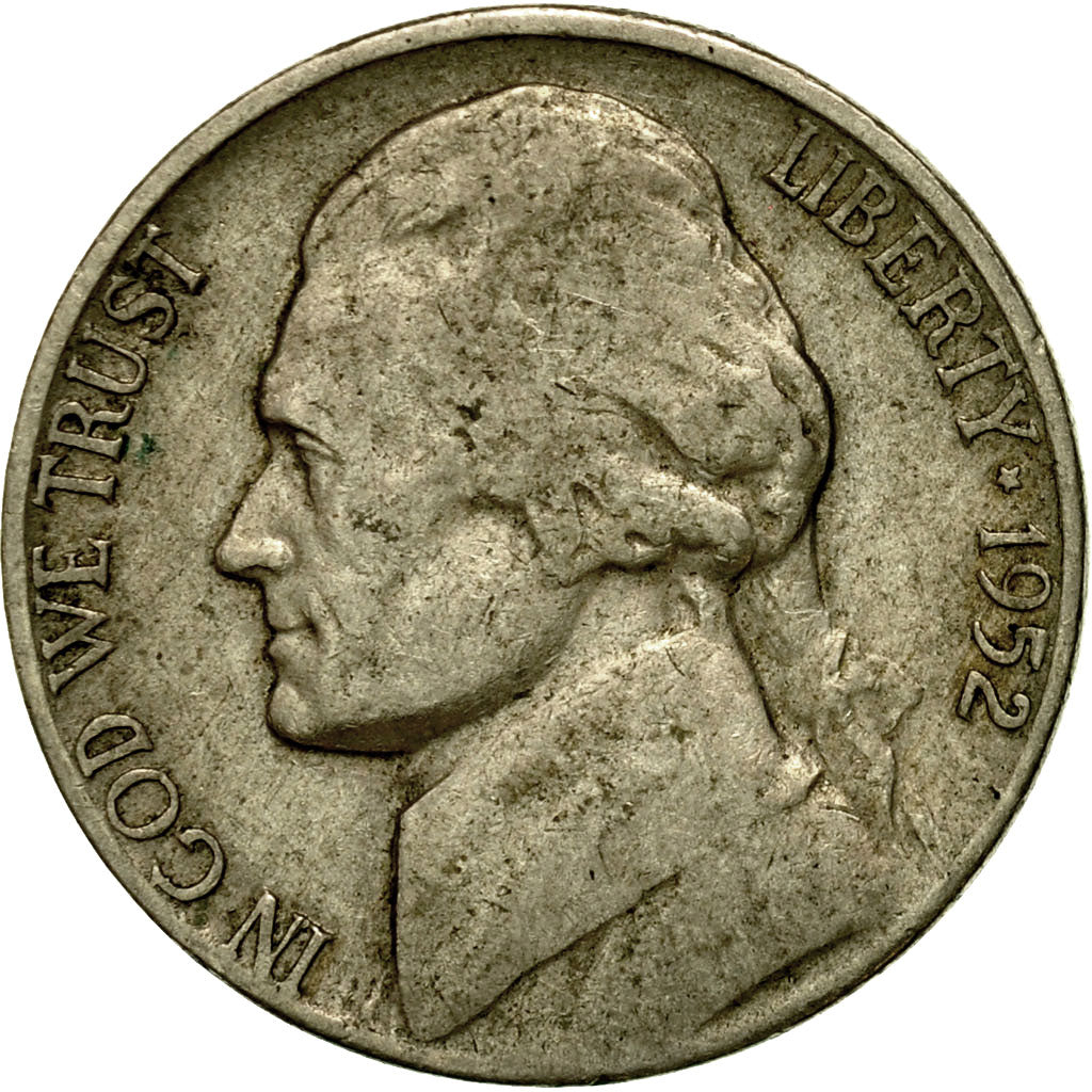 Moneda, Estados Unidos, Jefferson Nickel, 5 Cents, 1952, U.S. Mint