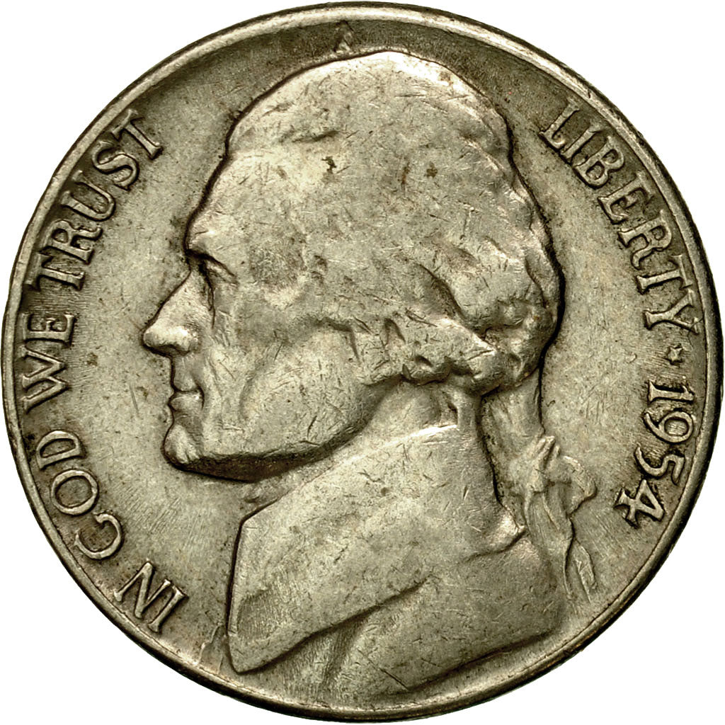 Coin, United States, Jefferson Nickel, 5 Cents, 1954, U.S. Mint, Denver