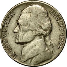 Coin, United States, Jefferson Nickel, 5 Cents, 1954, U.S. Mint, Denver