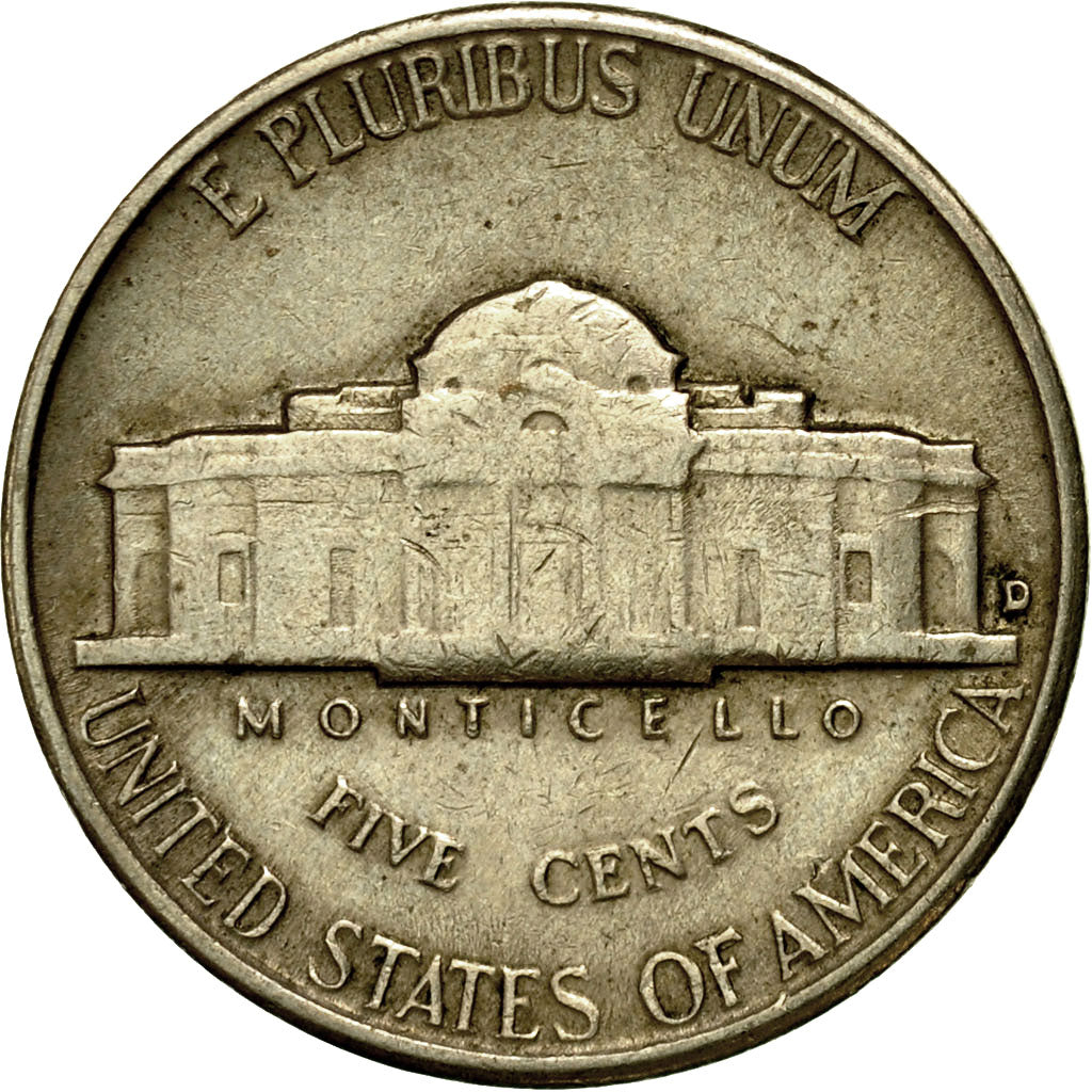 Coin, United States, Jefferson Nickel, 5 Cents, 1954, U.S. Mint, Denver