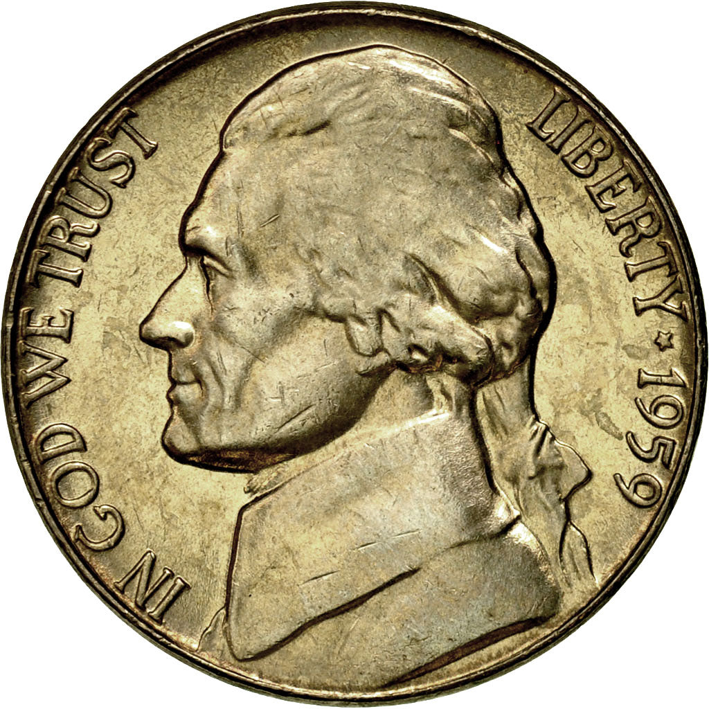 Coin, United States, Jefferson Nickel, 5 Cents, 1959, U.S. Mint, Philadelphia