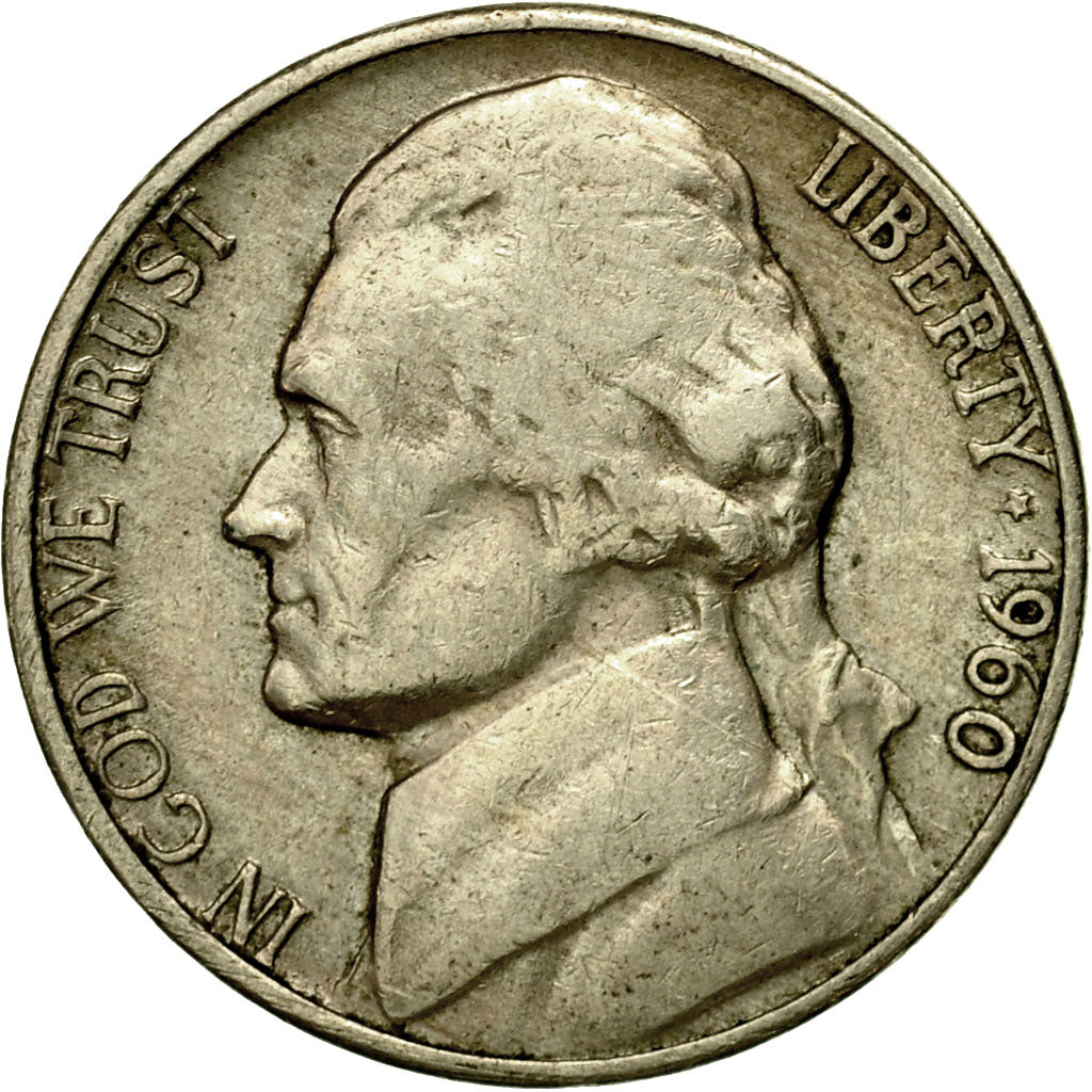 Coin, United States, Jefferson Nickel, 5 Cents, 1960, U.S. Mint, Denver