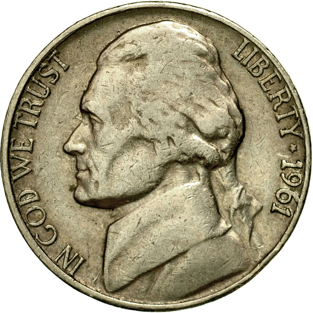 Coin, United States, Jefferson Nickel, 5 Cents, 1961, U.S. Mint, Denver