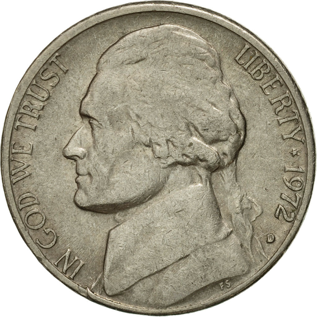 Coin, United States, Jefferson Nickel, 5 Cents, 1972, U.S. Mint, Denver