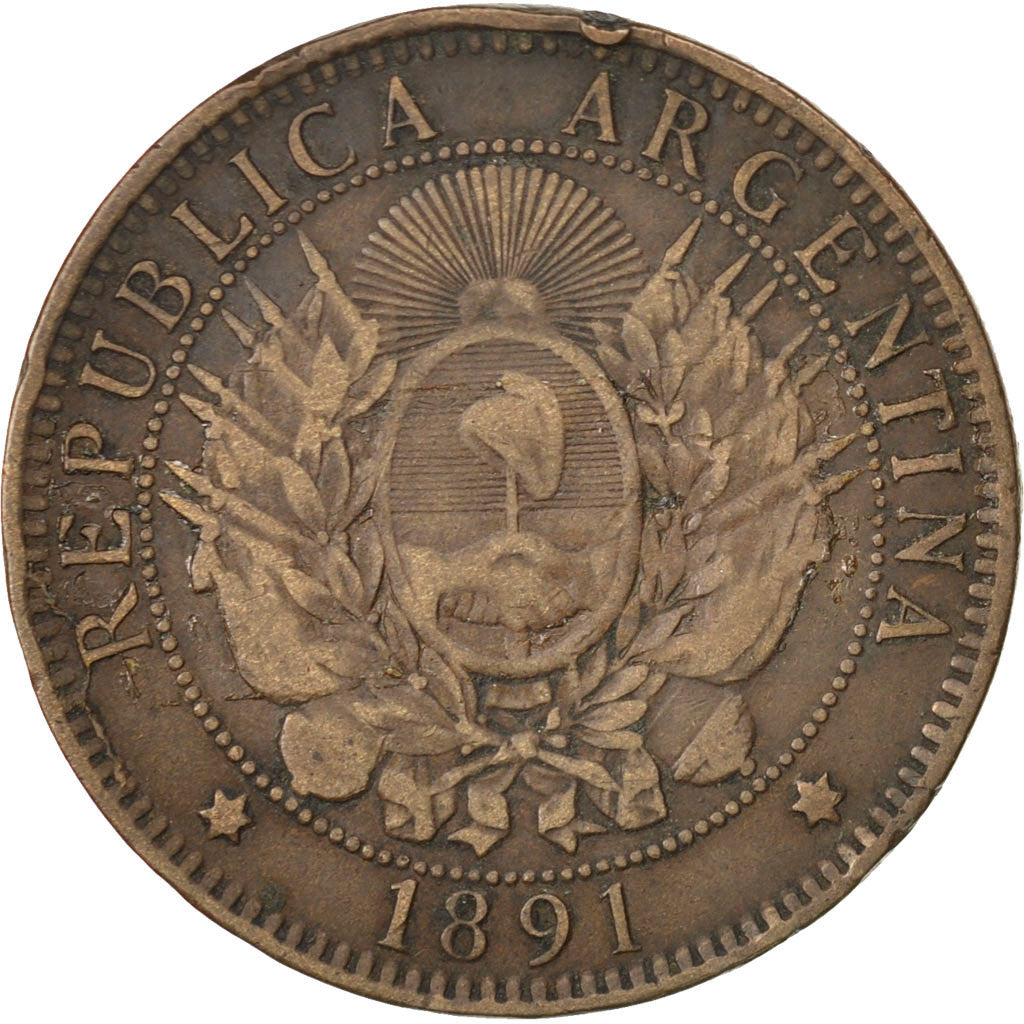 ARGENTINA, 2 Centavos, 1891, KM #33, EF(40-45), Bronze, 30, 9.87