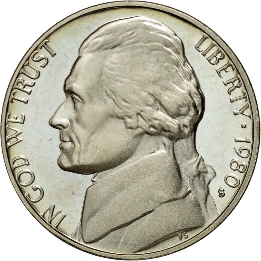 Coin, United States, Jefferson Nickel, 5 Cents, 1980, U.S. Mint, San Francisco