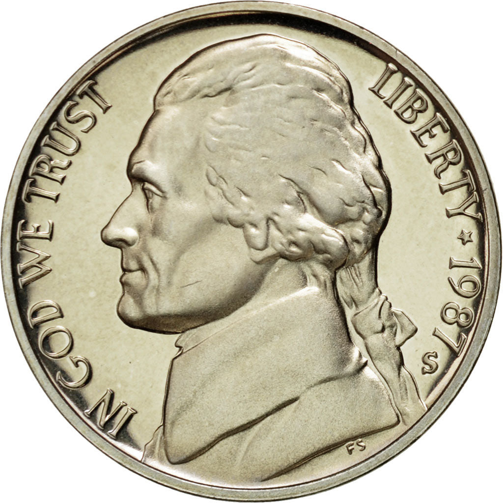 Coin, United States, Jefferson Nickel, 5 Cents, 1987, U.S. Mint, San Francisco