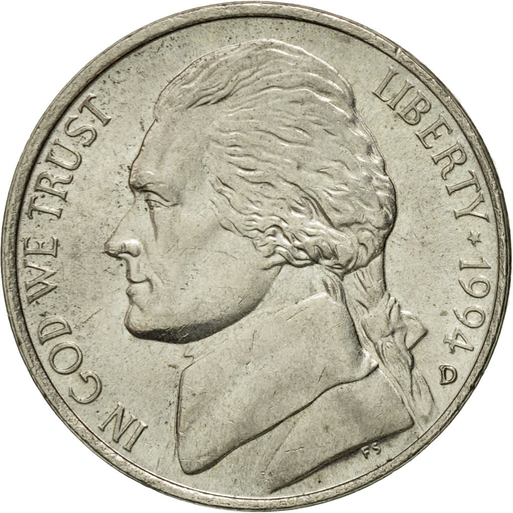 Coin, United States, Jefferson Nickel, 5 Cents, 1994, U.S. Mint, Denver