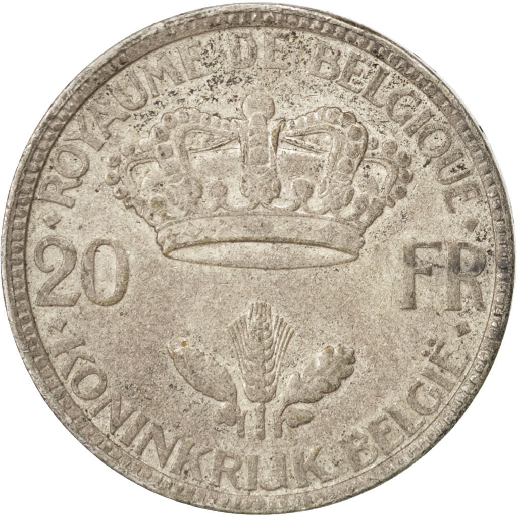 BELGIUM, 20 Francs, 20 Frank, 1935, KM #105, AU(50-53), Silver, 11.05