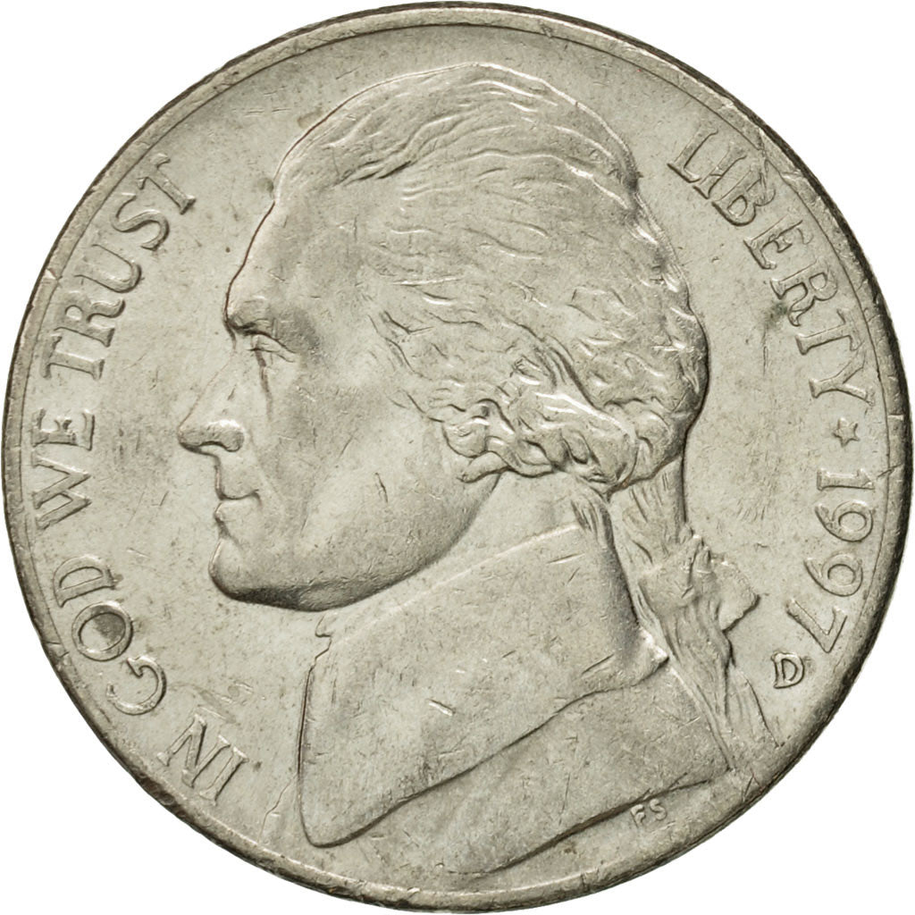 Coin, United States, Jefferson Nickel, 5 Cents, 1997, U.S. Mint, Denver