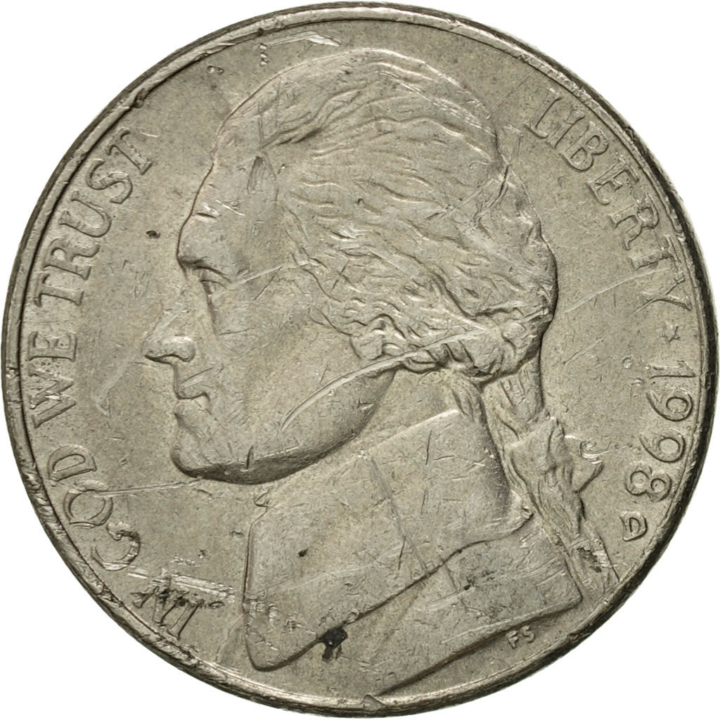 Coin, United States, Jefferson Nickel, 5 Cents, 1998, U.S. Mint, Denver