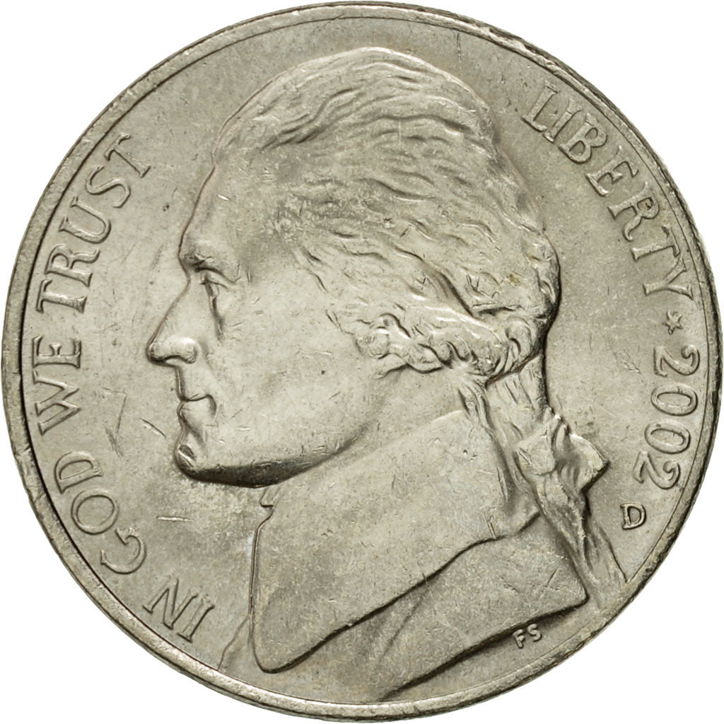 Coin, United States, Jefferson Nickel, 5 Cents, 2002, U.S. Mint, Philadelphia