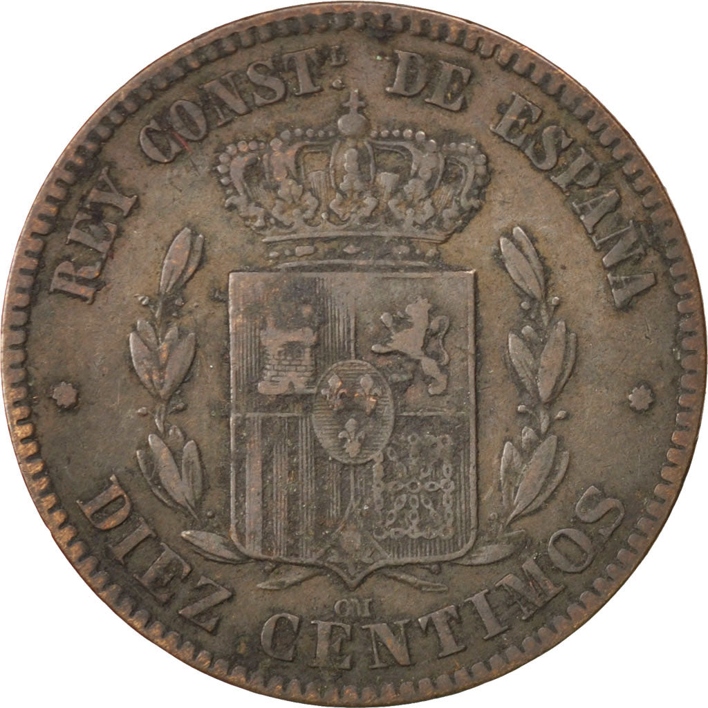 Coin, Spain, Alfonso XII, 10 Centimos, 1878, EF(40-45), Bronze, KM:675